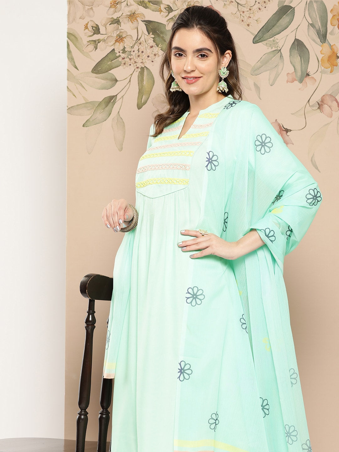 HERE&NOW Women Yoke Design Kurta with Trousers & Dupatta | Grocsy