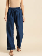TAG 7 Women Navy Blue Hem Design Straight Palazzos | Grocsy
