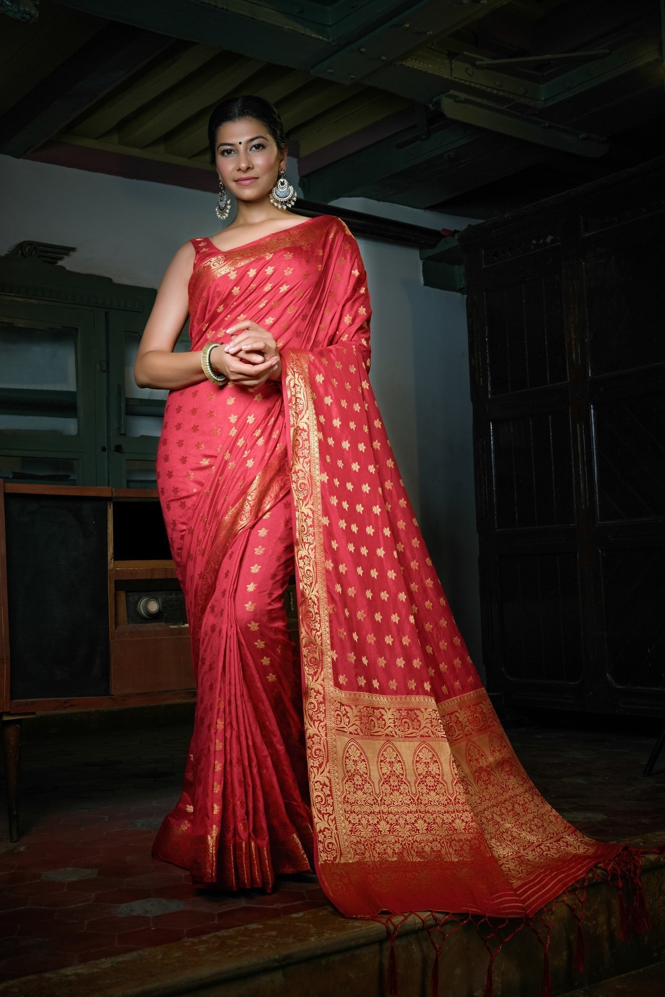 Vardha Rosewood Red Golden Zari Banarasi Raw Silk Saree | Grocsy