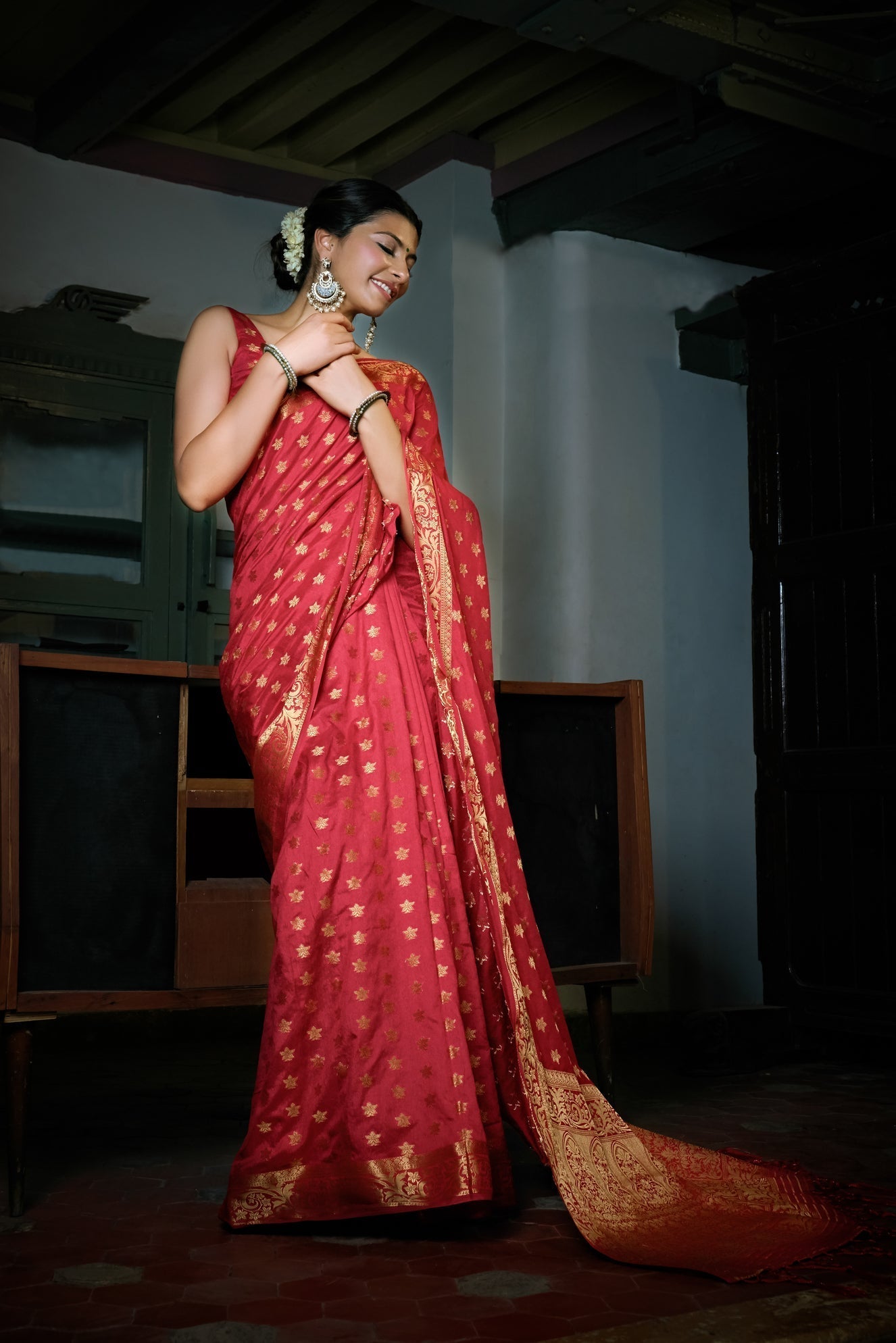 Vardha Rosewood Red Golden Zari Banarasi Raw Silk Saree | Grocsy