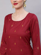 Aks Woven Design Round Neck Zari Cotton A-Line Kurta | Grocsy