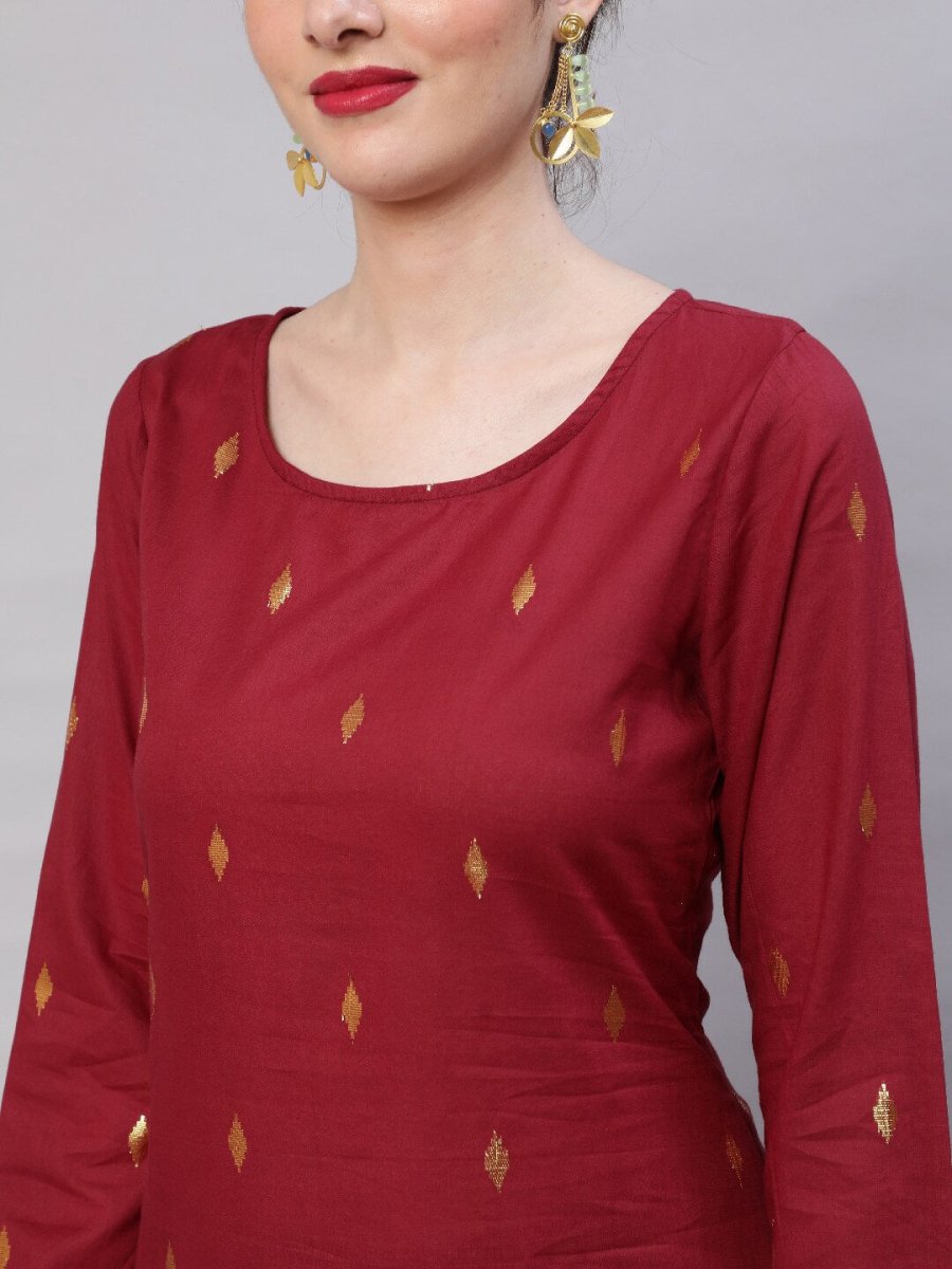 Aks Woven Design Round Neck Zari Cotton A-Line Kurta | Grocsy