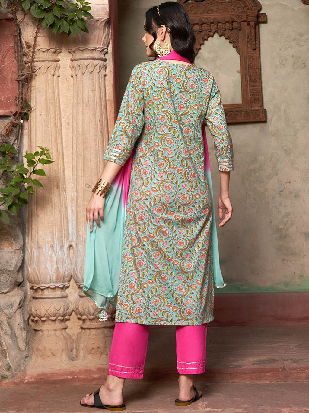 Sangria Ethnic Motifs Yoke Design Pure Cotton Kurta With Trousers & Dupatta | Grocsy