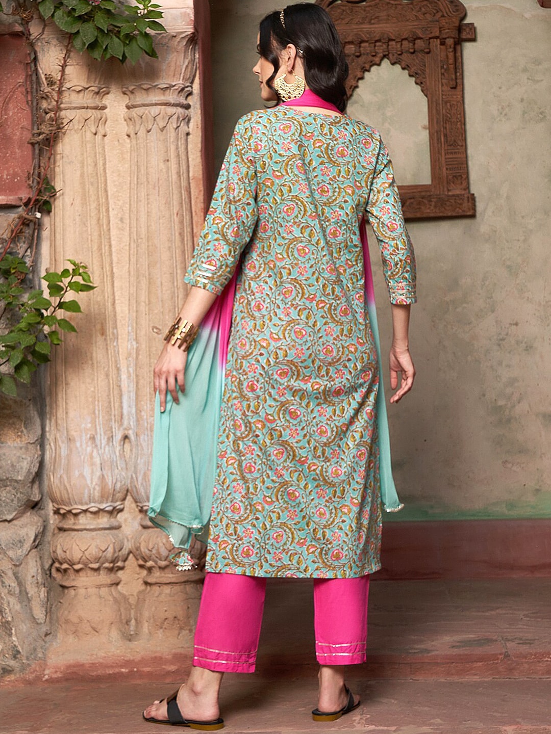 Sangria Ethnic Motifs Yoke Design Pure Cotton Kurta With Trousers & Dupatta | Grocsy