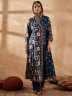 Indo Era Women Floral Printed Angrakha Beads and Stones Pure Cotton Kurta with Trousers & With Dupatta | Grocsy