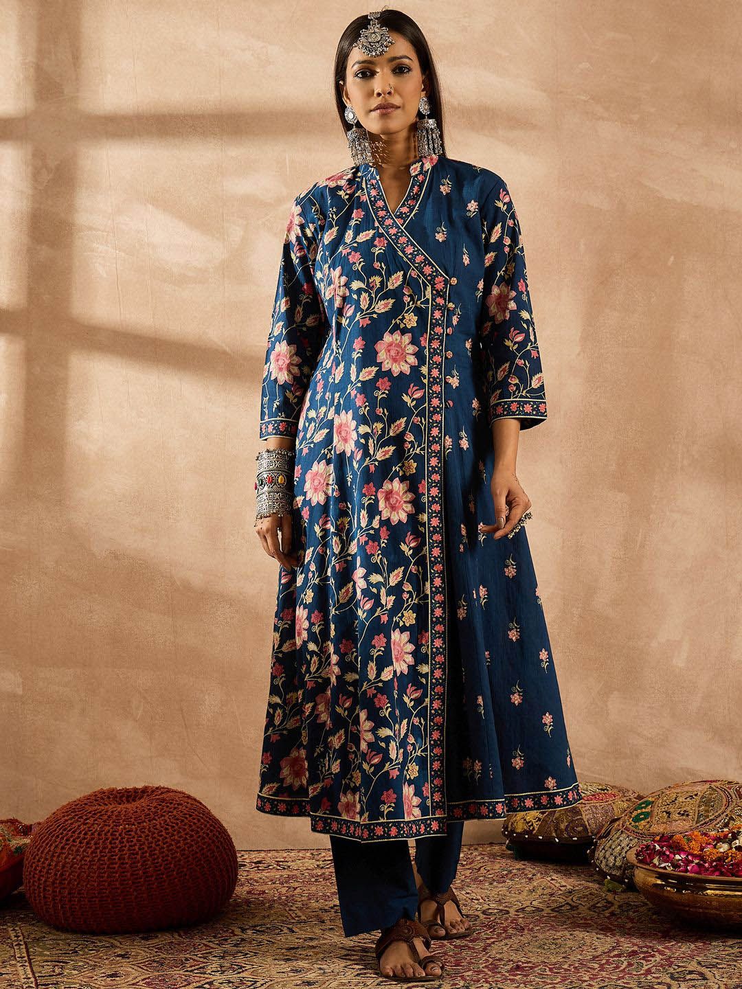 Indo Era Women Floral Printed Angrakha Beads and Stones Pure Cotton Kurta with Trousers & With Dupatta | Grocsy