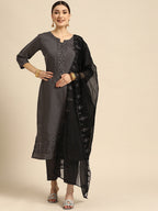Sangria Women Grey Ethnic Motifs Embroidered Pure Cotton Kurta with Trousers & With Dupatta | Grocsy