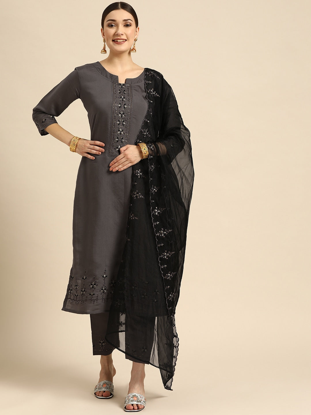 Sangria Women Grey Ethnic Motifs Embroidered Pure Cotton Kurta with Trousers & With Dupatta | Grocsy