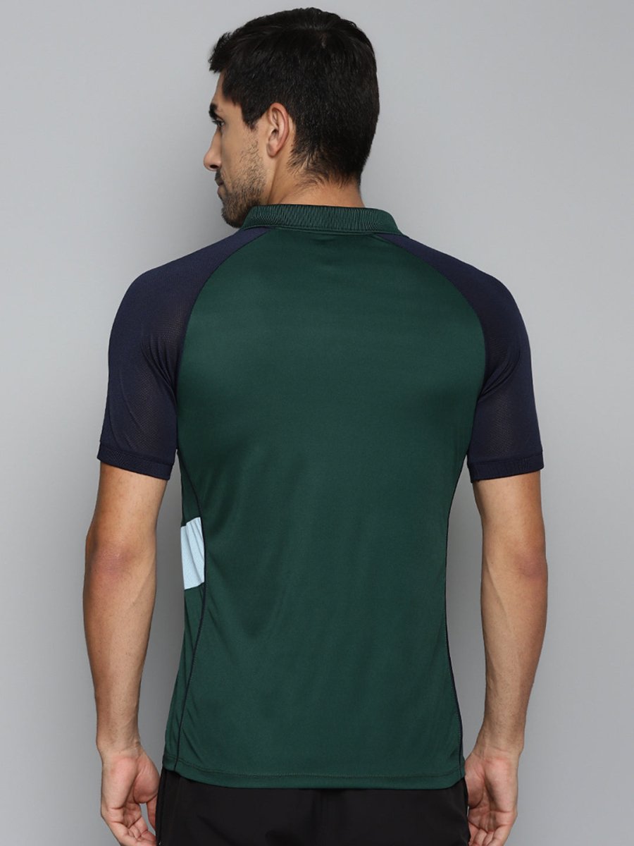 Alcis Men Green & Navy Blue Colourblocked Polo Collar Slim Fit Running T-shirt | Grocsy