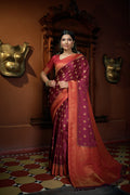 Vardha Ruby Pink Golden Zari Banarasi Satin Silk Saree | Grocsy