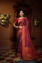 Vardha Ruby Pink Golden Zari Banarasi Satin Silk Saree | Grocsy