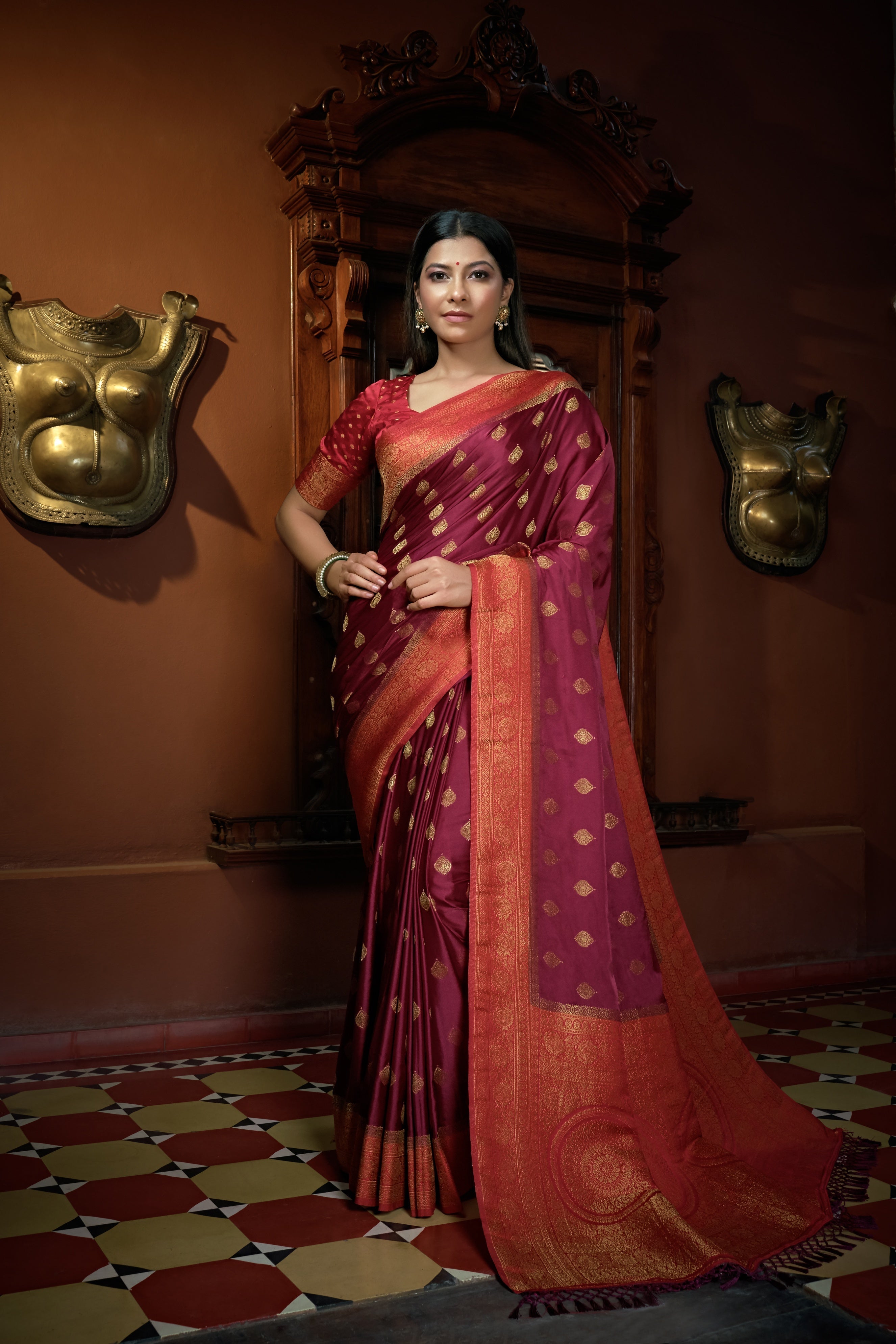 Vardha Ruby Pink Golden Zari Banarasi Satin Silk Saree | Grocsy