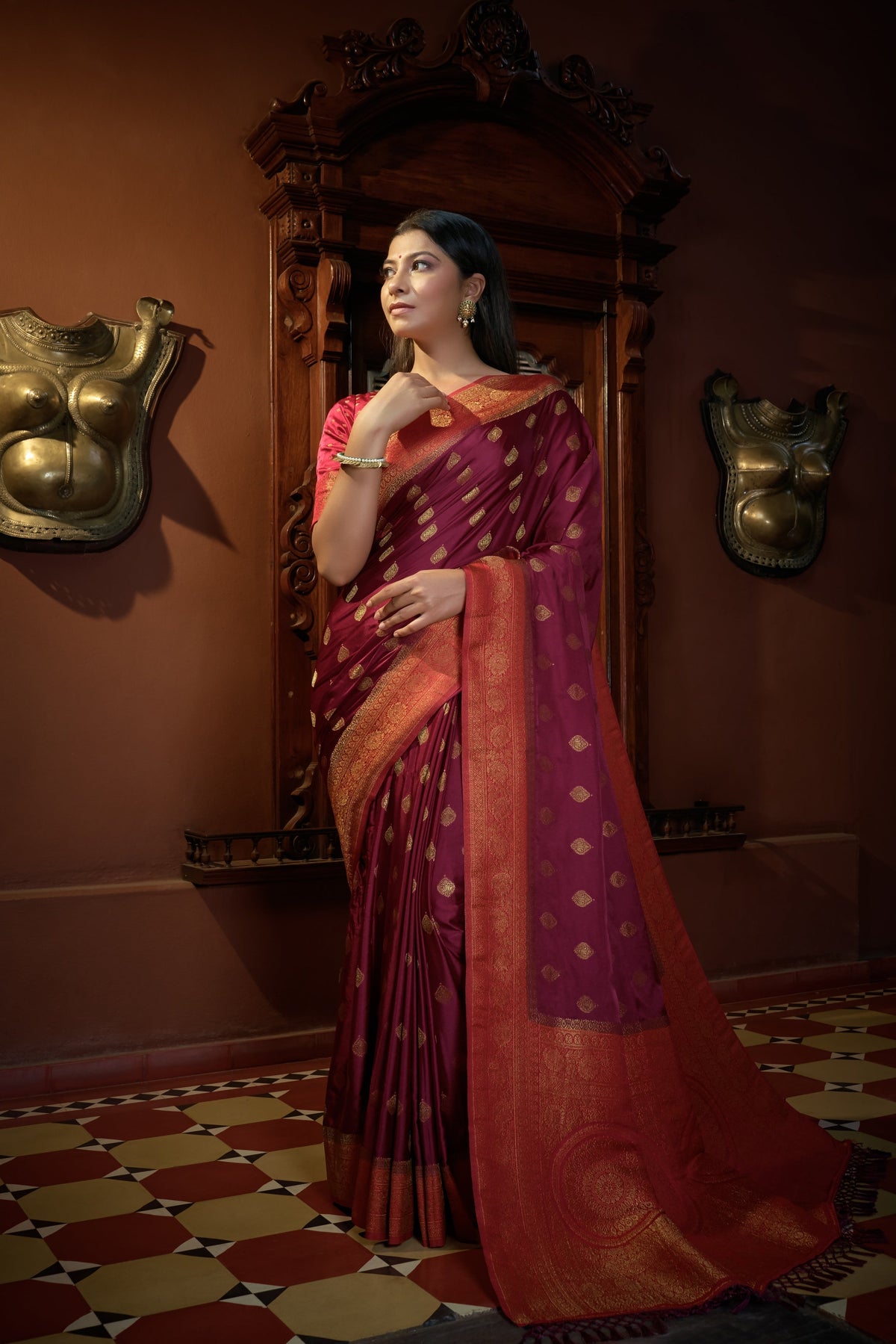 Vardha Ruby Pink Golden Zari Banarasi Satin Silk Saree | Grocsy