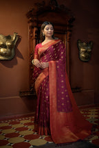 Vardha Ruby Pink Golden Zari Banarasi Satin Silk Saree | Grocsy