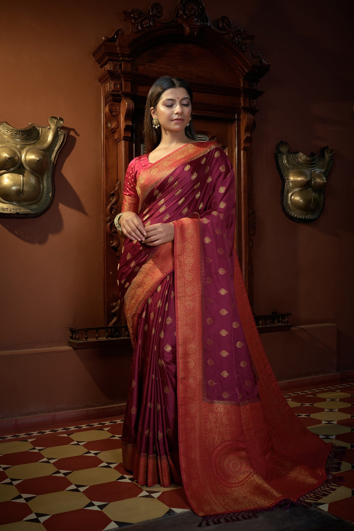 Vardha Ruby Pink Golden Zari Banarasi Satin Silk Saree | Grocsy