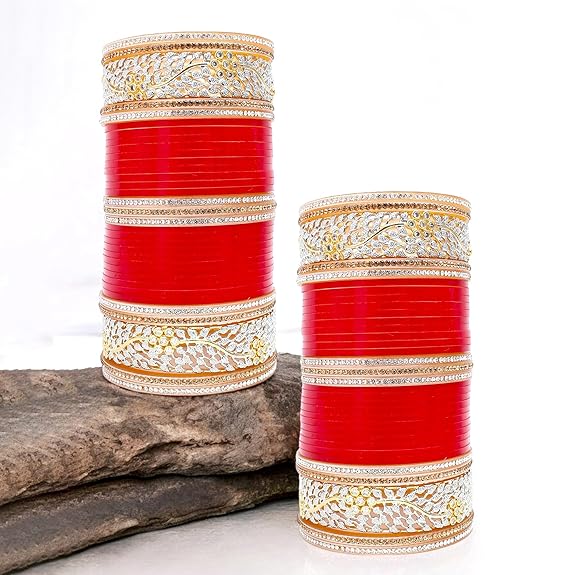 Tehzeeb Creations Bridal Bangle Set Red Designer AD & Golden Stone Dulhan Chuda Fashion Wedding Chura Punjabi Choora For Women | Grocsy