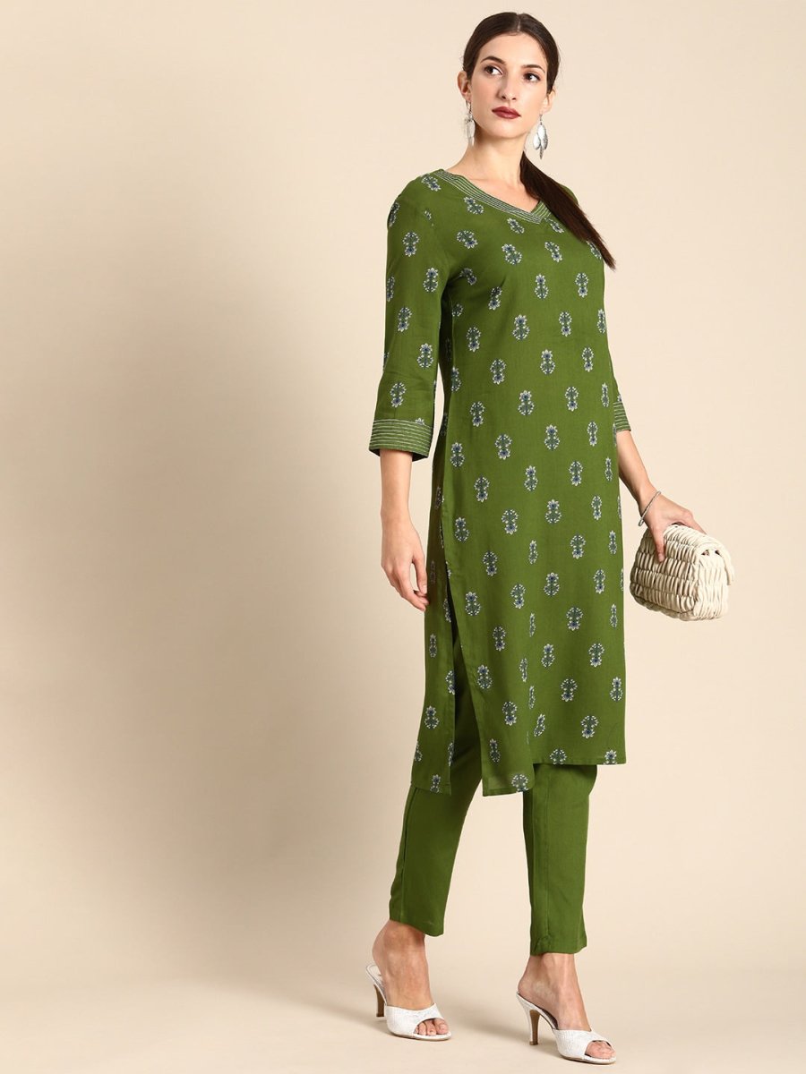 All About You Women Green Floral Printed Regular V-Neck Kurta with Trousers | Grocsy