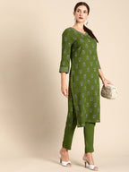 All About You Women Green Floral Printed Regular V-Neck Kurta with Trousers | Grocsy