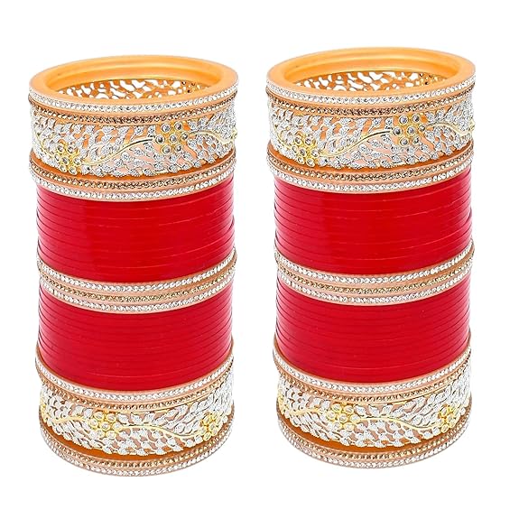 Tehzeeb Creations Bridal Bangle Set Red Designer AD & Golden Stone Dulhan Chuda Fashion Wedding Chura Punjabi Choora For Women | Grocsy