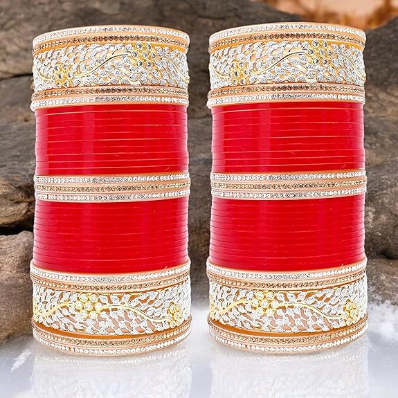 Tehzeeb Creations Bridal Bangle Set Red Designer AD & Golden Stone Dulhan Chuda Fashion Wedding Chura Punjabi Choora For Women | Grocsy