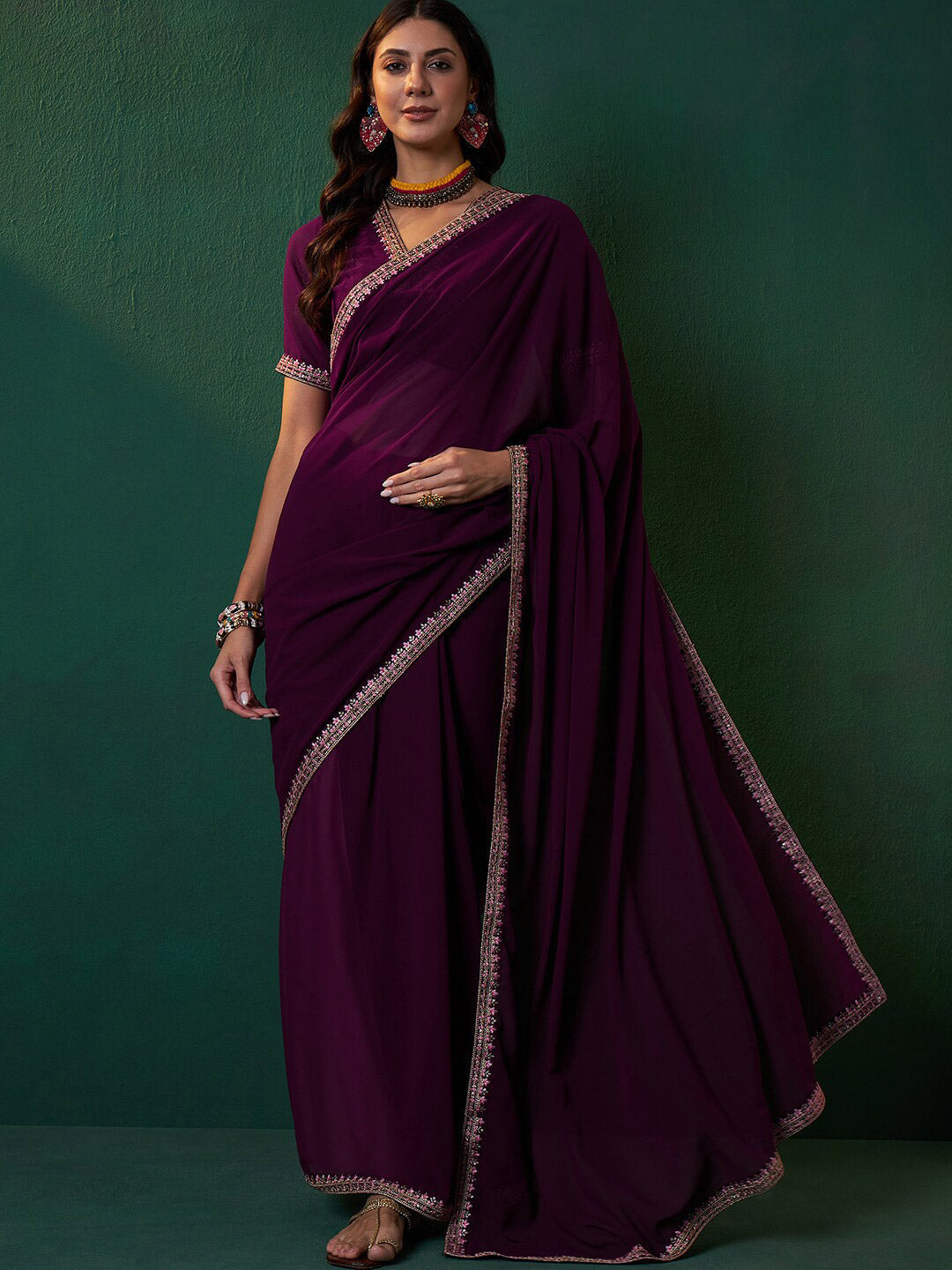 Sangria Embroidered Bordered Sarees | Grocsy