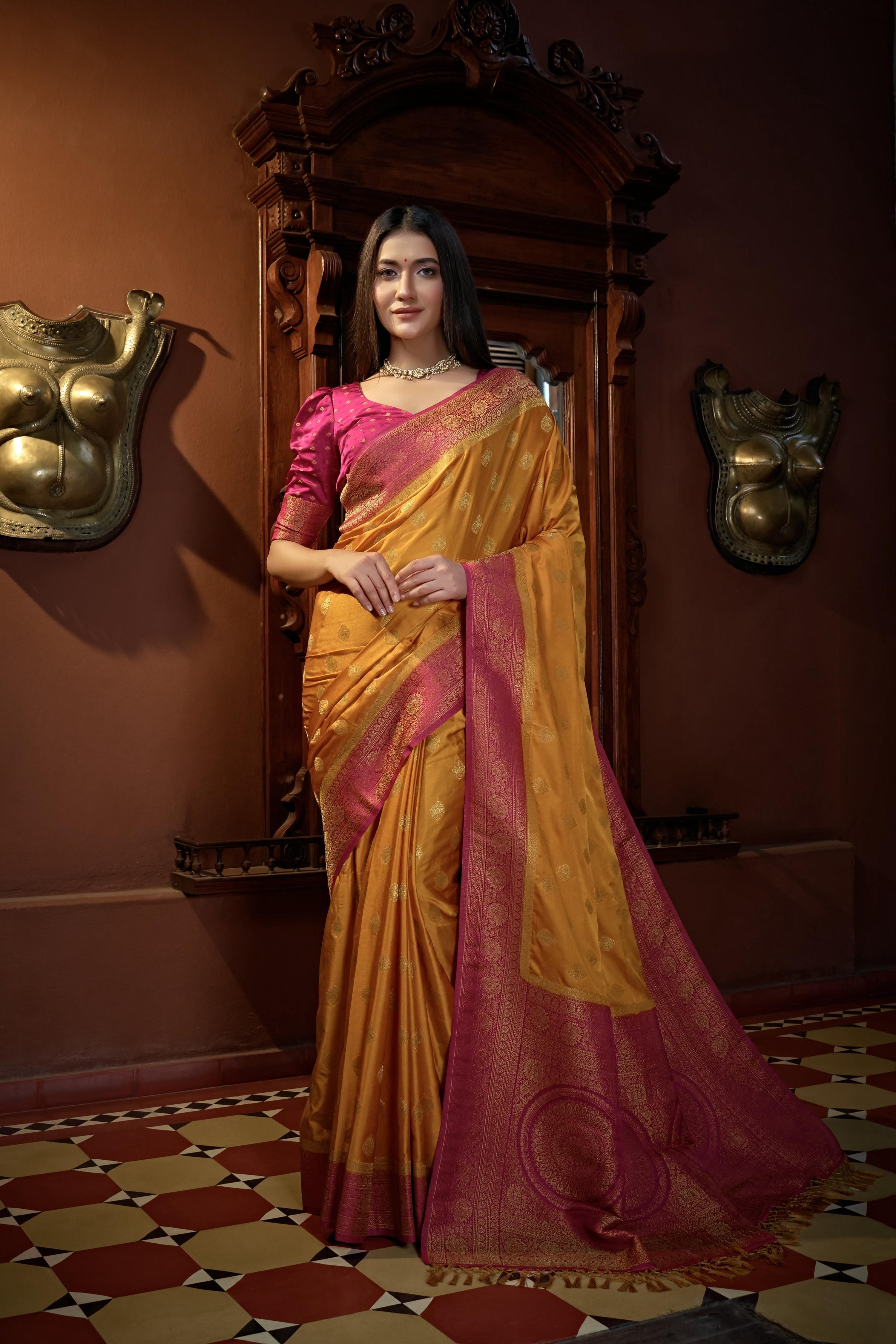 Vardha Sunset Yellow Golden Zari Banarasi Satin Silk Saree | Grocsy