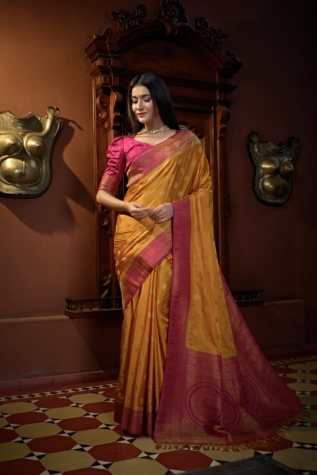 Vardha Sunset Yellow Golden Zari Banarasi Satin Silk Saree | Grocsy