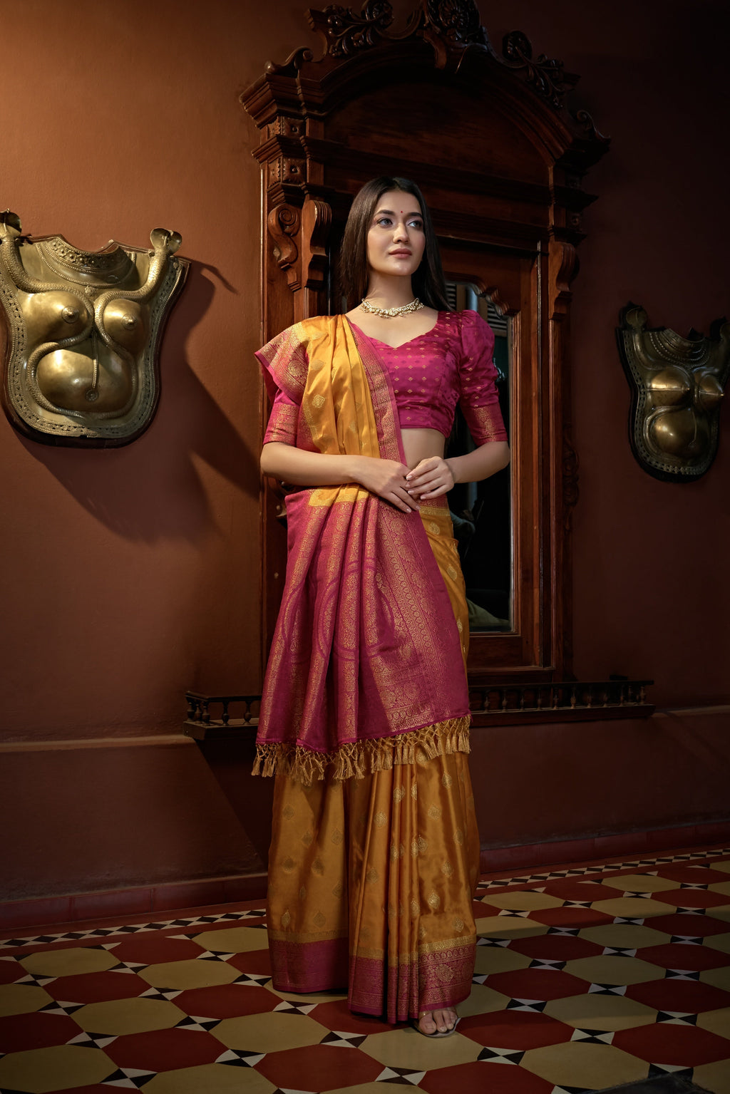 Vardha Sunset Yellow Golden Zari Banarasi Satin Silk Saree | Grocsy