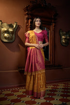 Vardha Sunset Yellow Golden Zari Banarasi Satin Silk Saree | Grocsy