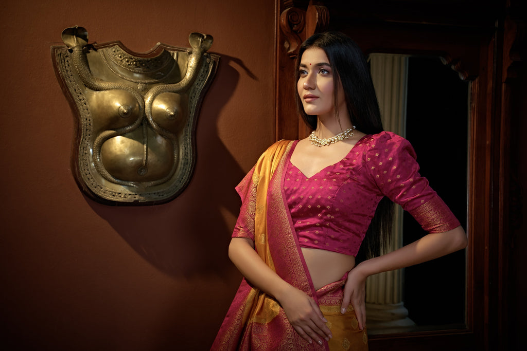 Vardha Sunset Yellow Golden Zari Banarasi Satin Silk Saree | Grocsy