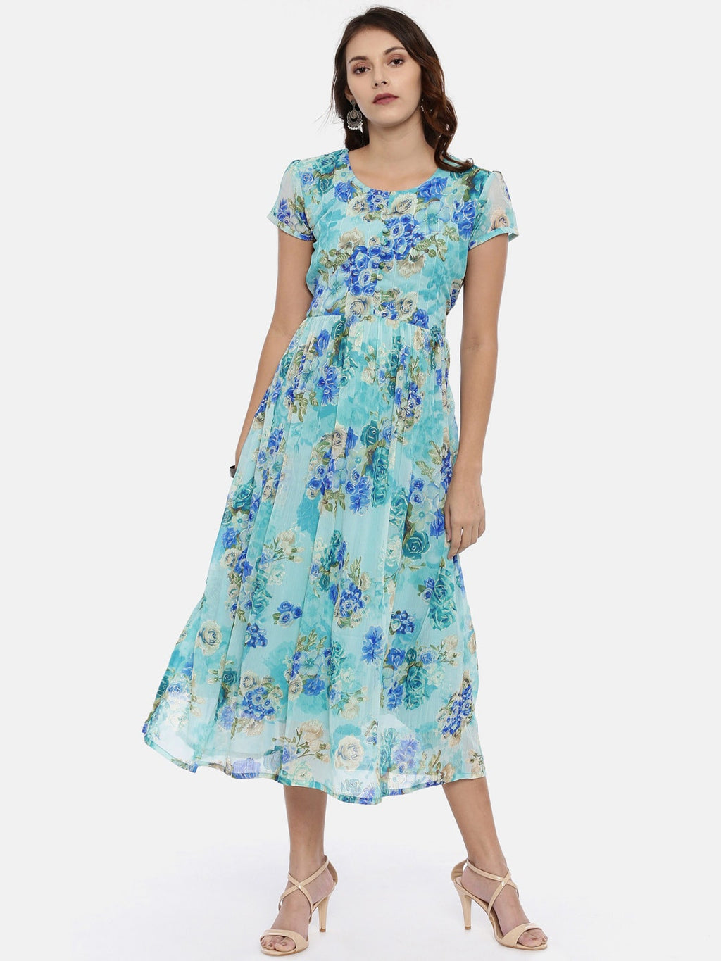 Souchii Sea Green & Blue Floral Printed A-Line Dress | Grocsy