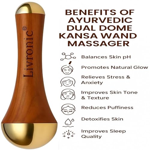 Livronic Face Acupoint Kansa Wand Massager with Teak Wood Handle for Detoxification and Deep Relaxation Natural Kansa 2 in 1 Bronze | Grocsy