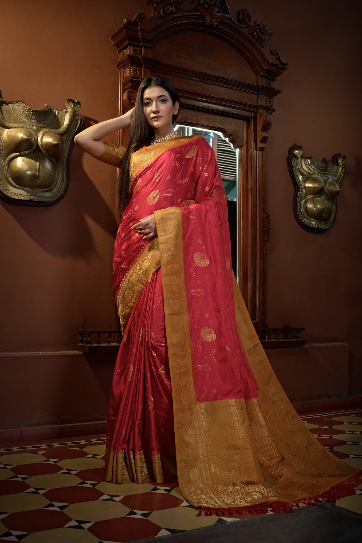 Vardha Myrtle Red Golden Zari Banarasi Satin Silk Saree | Grocsy