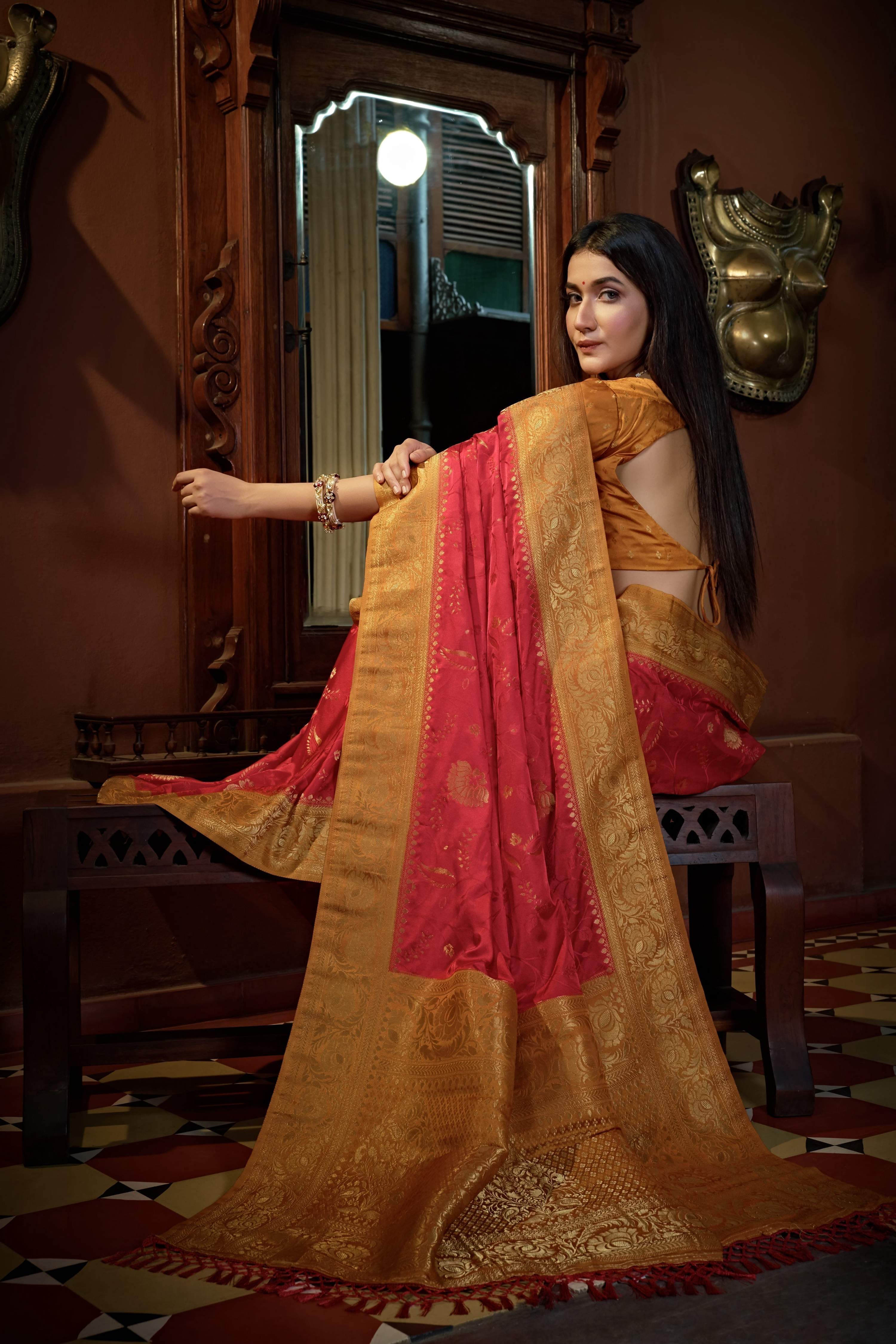 Vardha Myrtle Red Golden Zari Banarasi Satin Silk Saree | Grocsy