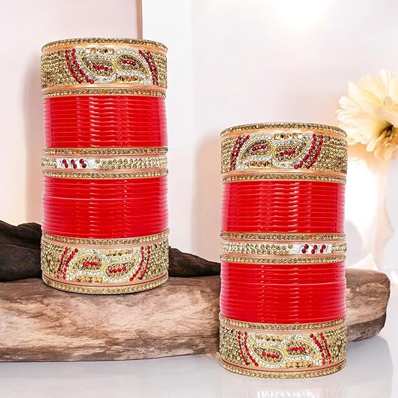 Tehzeeb Creations Bridal Bangle Set Designer Golden White & Red Stone Chuda Bridal Wedding Choora Fashion Chura For Women | Grocsy