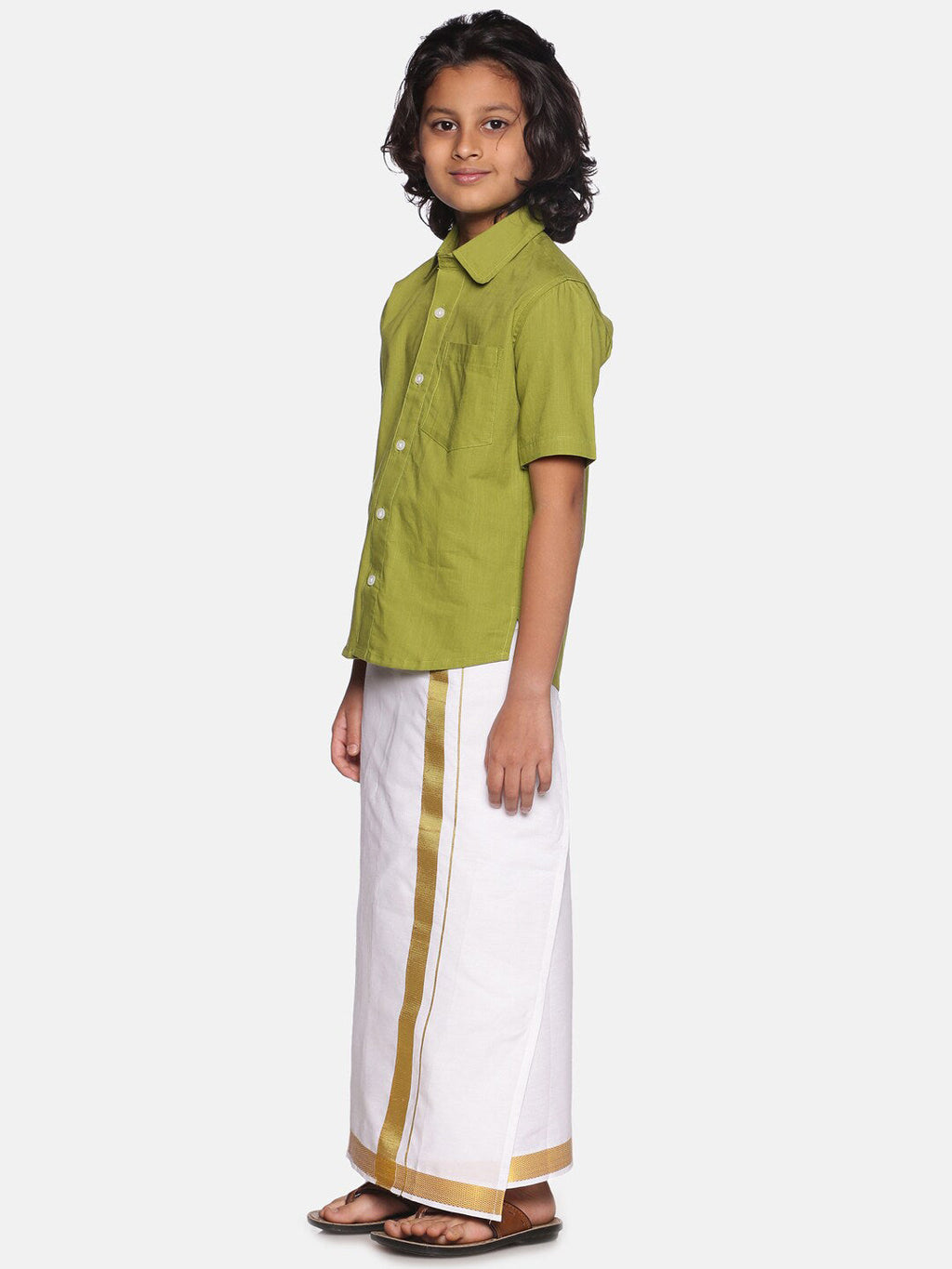 Sethukrishna Boys Green & White Solid Pure Cotton Shirt with Readymade Dhoti | Grocsy