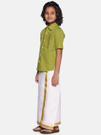 Sethukrishna Boys Green & White Solid Pure Cotton Shirt with Readymade Dhoti | Grocsy