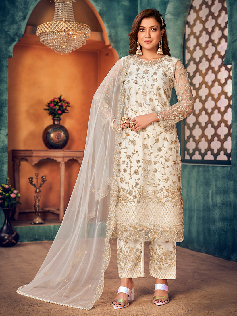 Monjolika Fashion White Color Trendy Designer Net Pakistani Salwar Kameez | Grocsy