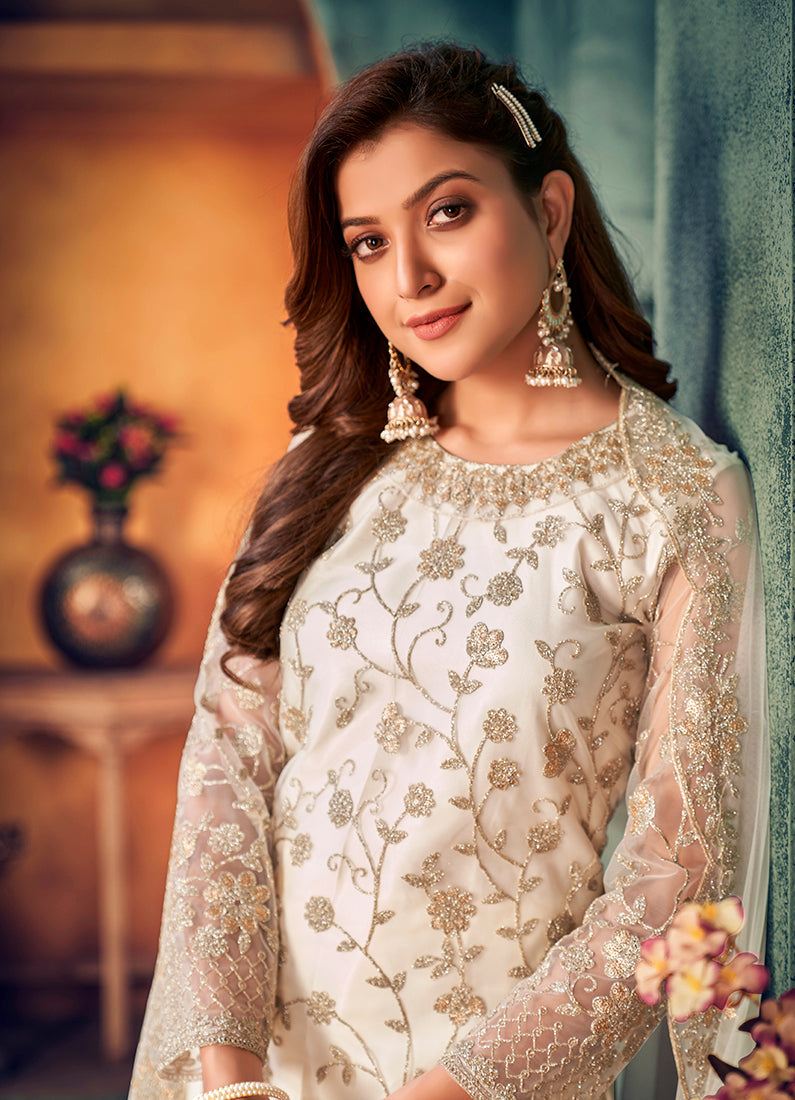 Monjolika Fashion White Color Trendy Designer Net Pakistani Salwar Kameez | Grocsy
