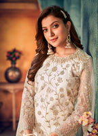 Monjolika Fashion White Color Trendy Designer Net Pakistani Salwar Kameez | Grocsy