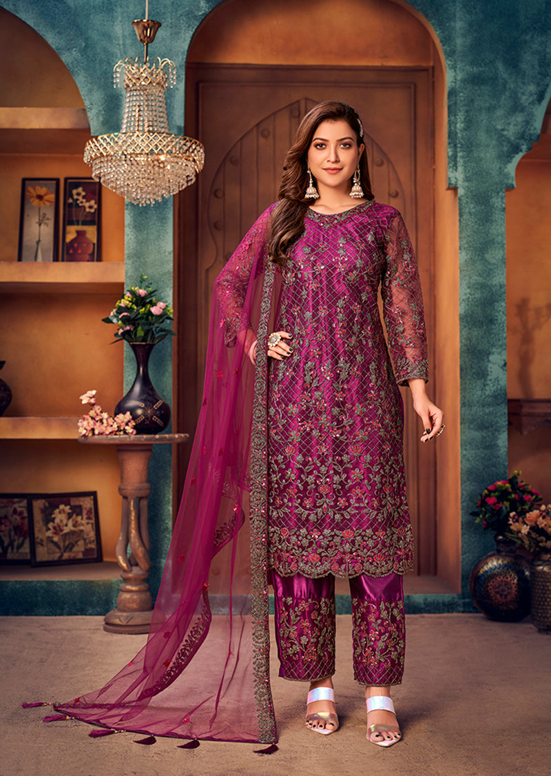 Monjolika Fashion Purple Color Trendy Designer Net Pakistani Salwar Kameez | Grocsy