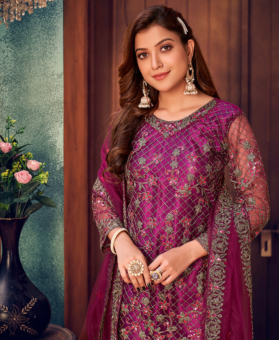 Monjolika Fashion Purple Color Trendy Designer Net Pakistani Salwar Kameez | Grocsy
