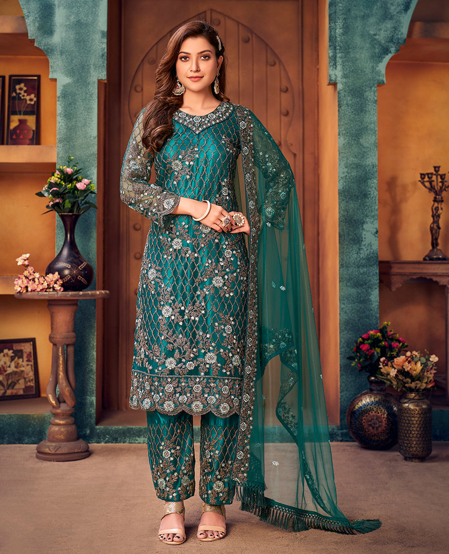 Monjolika Fashion Teal Color Trendy Designer Net Pakistani Salwar Kameez | Grocsy