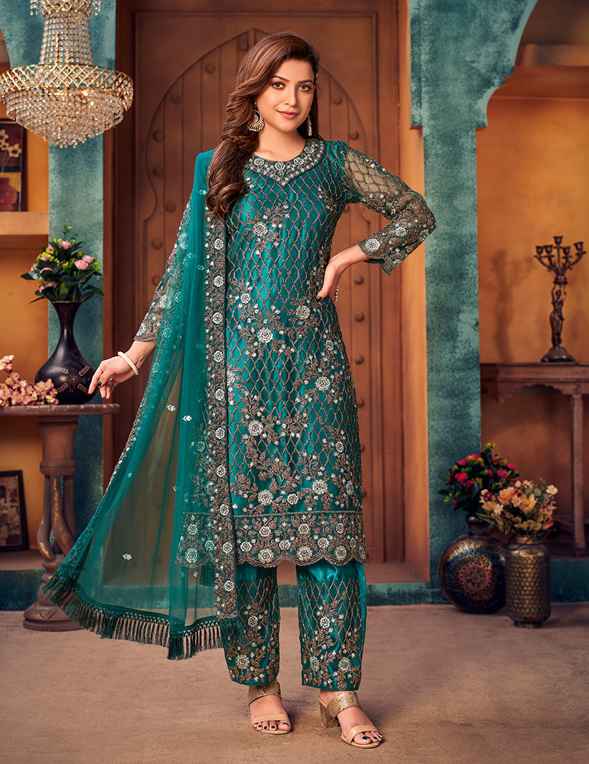 Monjolika Fashion Teal Color Trendy Designer Net Pakistani Salwar Kameez | Grocsy