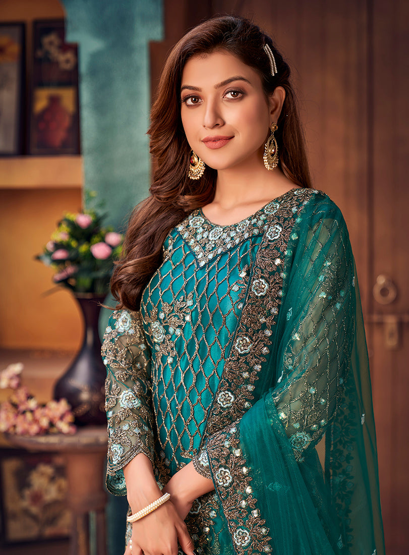 Monjolika Fashion Teal Color Trendy Designer Net Pakistani Salwar Kameez | Grocsy