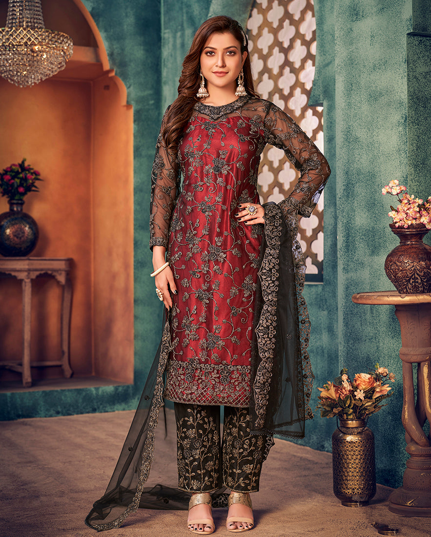 Monjolika Fashion Red Black Color Trendy Designer Net Pakistani Salwar Kameez | Grocsy
