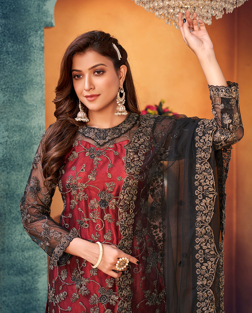Monjolika Fashion Red Black Color Trendy Designer Net Pakistani Salwar Kameez | Grocsy