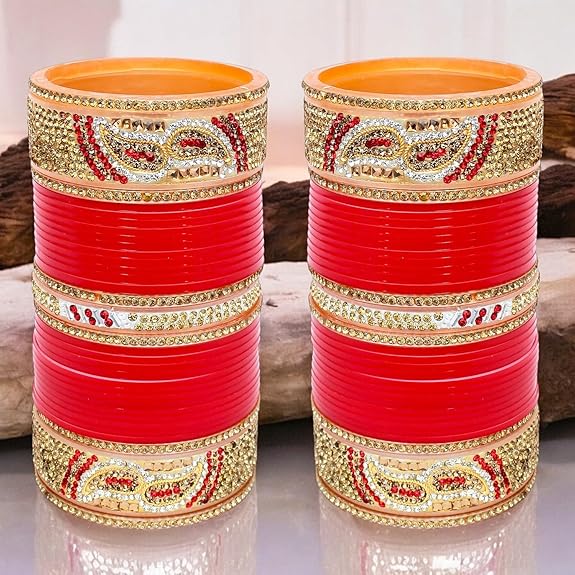 Tehzeeb Creations Bridal Bangle Set Designer Golden White & Red Stone Chuda Bridal Wedding Choora Fashion Chura For Women | Grocsy