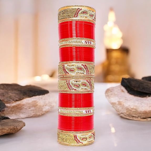 Tehzeeb Creations Bridal Bangle Set Designer Golden White & Red Stone Chuda Bridal Wedding Choora Fashion Chura For Women | Grocsy