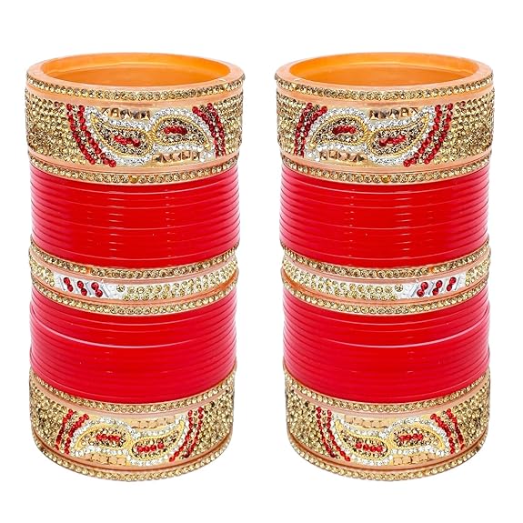 Tehzeeb Creations Bridal Bangle Set Designer Golden White & Red Stone Chuda Bridal Wedding Choora Fashion Chura For Women | Grocsy